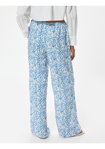 Koton Bol Paça Pantolon Yüksek Bel Bağlama Detaylı Floral Desenli Rahat Kalıp Mavi Desenli 4sak40219ew Mavi