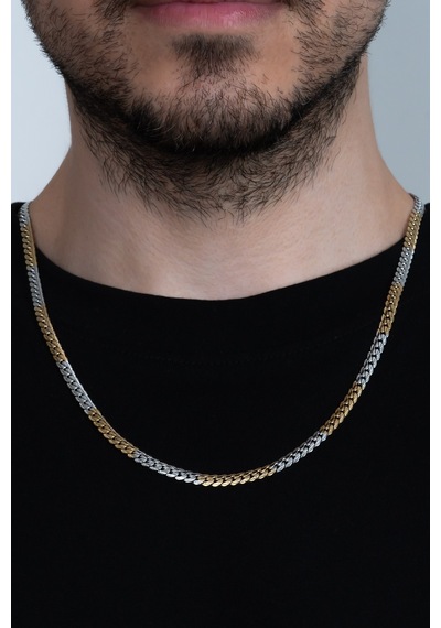 Sarı Beyaz Ezme Yassı Yılan Model Çelik Unisex Kolye eck41 Altın