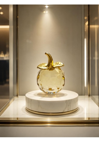 Mini Sarı Kristal Elma Biblo 7.5 Cm Dekoratif Cam Obje Gold Yapraklı Şık Masa Üstü Süsü
