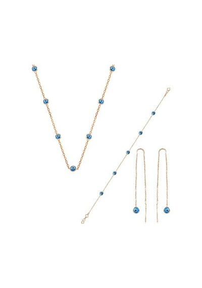 Gümüş Rose,Cam Göz Nazar Kolye Küpe Ve Bileklik Gümüş Set