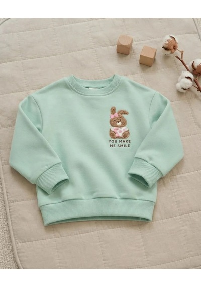 Tuffy Mint Bebek Nil Yeşili Renkli Diagonal Sweatshirt Sevimli Tavşan Nakışlı