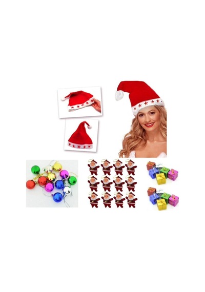 Yılbaşı Ağaç Süsü 36 Süs + Işıklı Noel Baba Şapkası
