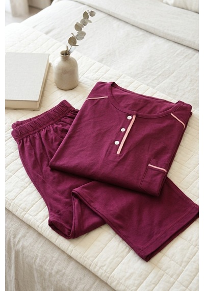 Aura Collections Kadın Pamuklu Uzun Kollu Üç Düğmeli Biyeli Soft Örme Pijama Takımı Mor