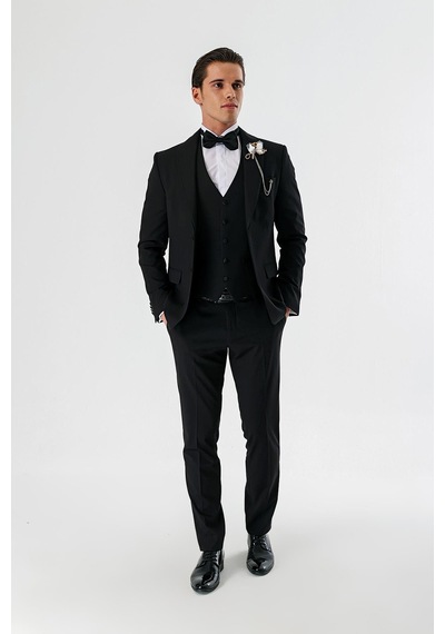 İmza Siyah Çıkarılabilir Şal Yaka Yelekli Likralı 6 Drop Slim Fit Smokin Damatlık 1001240202-Siyah İmza Siyah Çıkarılabilir Şal Yaka Yelekli Likralı 6 Drop Slim Fit Smokin Damatlık 1001240202-Siyah