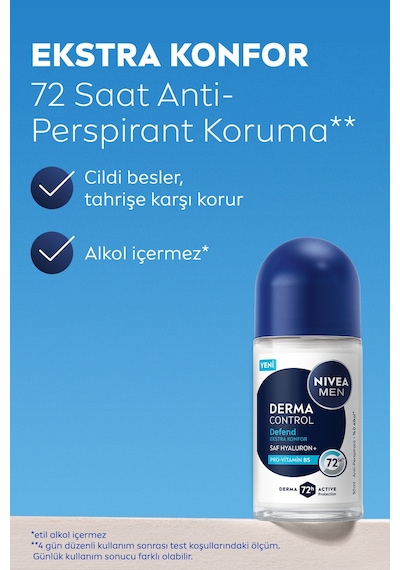 Men Erkek Roll-on Deodorant Derma Control Defend 50ml, 72 Saat Anti-perspirant, Alkolsüz, Hyaluron