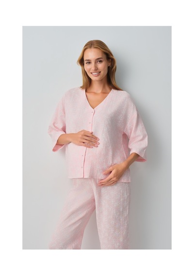 Suwen Cindy Pamuklu Hamile Lohusa Gömlek Yaka Pijama Takımı Wsh10510183334 Pembe