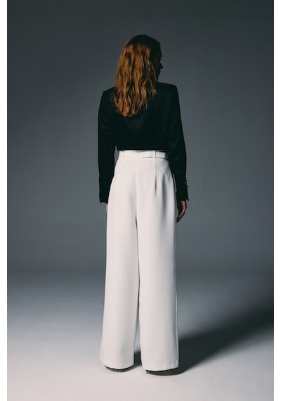 Sateen Kemerli Bol Pantolon - Ekru-136822 Ekru