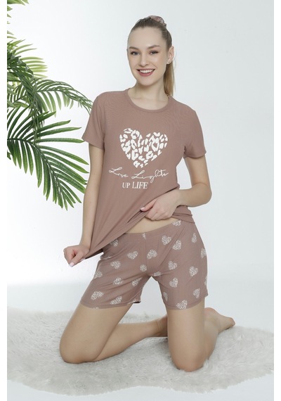 Wordex Mr 1601 Pegasus Likralı Kumaş Kalpli Şortlu Takım Pijama Takımı Vizon