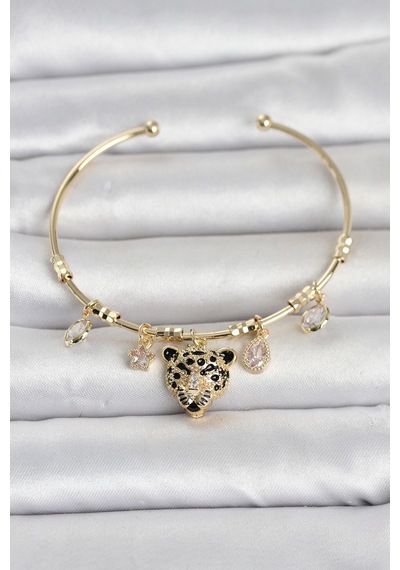 Pirinç Gold Renk Leopar Detaylı Charmlı Kadın Bileklik Tj-bb8490 Diğer
