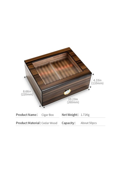 Cigarloong Camlı Puro Kutusu Humidor Ceviz 50's