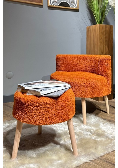 Berlin Çay Seti Kiremit Rengi Berjer Ve Puf Takımı Salon, Ofis, Balkon - 2'li Takım