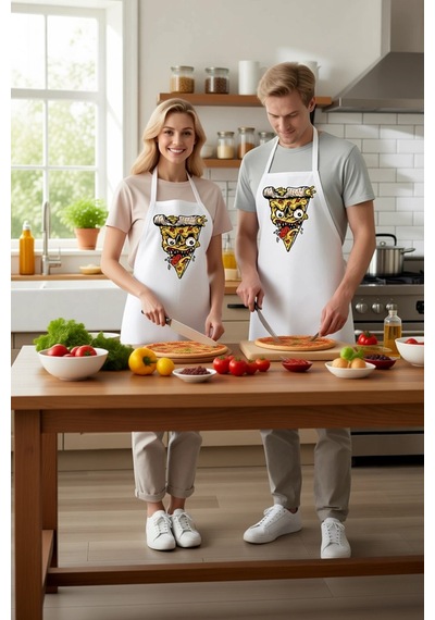 Erkek Unisex Mutfak Aşçı Önlüğü Korkunç Pizza Dilimi Yüz Baskılı Beyaz