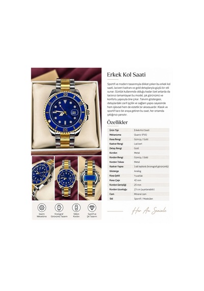 Mavi-gold Kadran Submariner Otamatik Erkek Kol Saati Altın - Gümüş