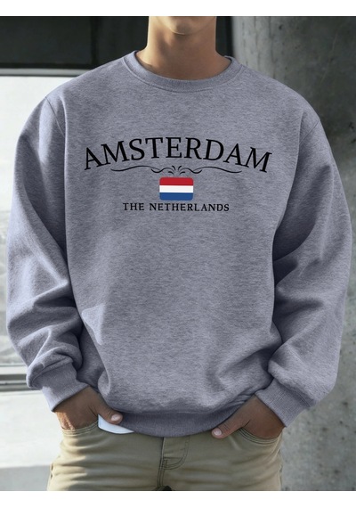 Startmore Tarzsokak Amsterdam Hollanda Baskılar Erkekler Polar Hip Hop Spor Uzun Kollu Bisiklet Yaka Gevşek Kazak Gri