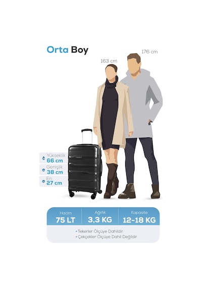 Polo&sky Azra Model Siyah Pp Polipropilen Kırılmaz Orta Boy Valiz Bavul Siyah