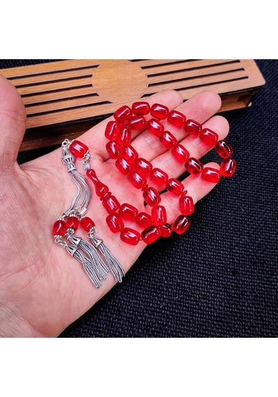 8x11 Mm Gümüş Püsküllü Kırmızı Zar Kehribar Tesbih - Serkan Başkan Usta İşçilikli Kırmızı