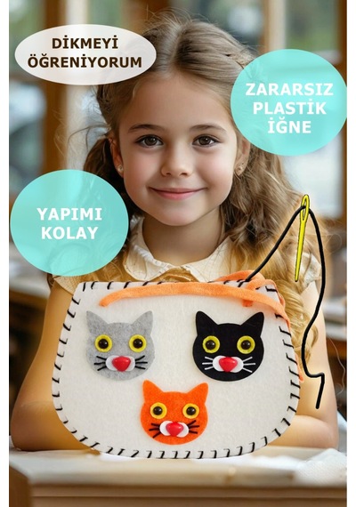 Keçe Dikiş Seti , Kedili Keçe Çanta, Kendin Yap Çocuk Çantası