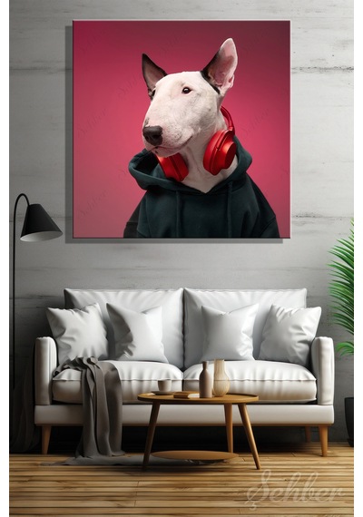 Kapüşonlu Sweatshirt Giymiş Kulaklıklı Beyaz Bir Bull Terrier Köpeği Kare Kanvas Tablo 4341 Çok Renkli