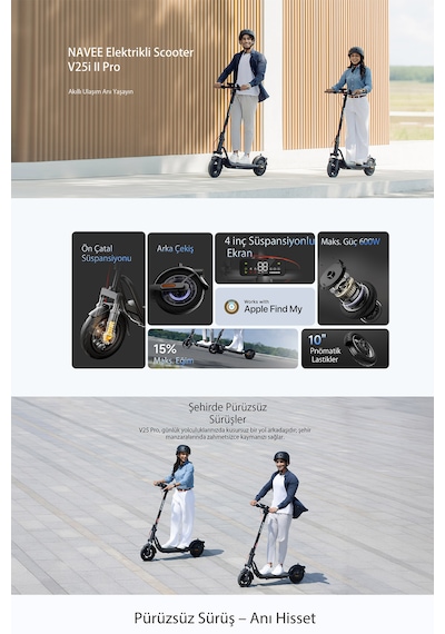 V25i Pro 2 Elektrikli Scooter - Amortisörlü 25 Km Menzil 600w