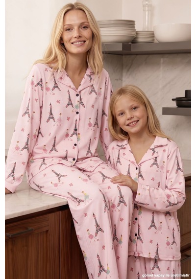 Siyah İnci Pembe Desenli Termal Kumaşlı Ultra Soft Yumuşak Düğmeli Örme Pijama Takımı 26226826
