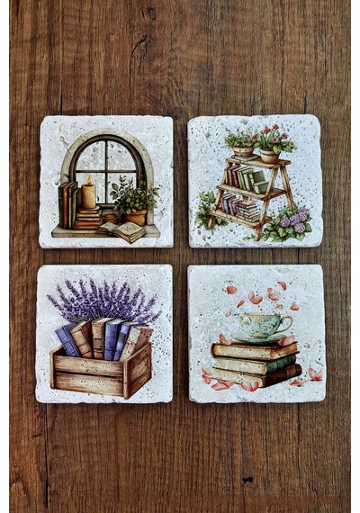 Doğal Taş Bardak Altlığı - Doğa & Kitap Temalı Stone Coasters Çok Renkli