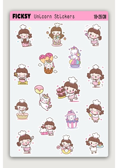 Sevimli Kawaii Unicorn Pastacı Kız Sticker Seti - 16 Adet Etiket Çıkartma Diğer