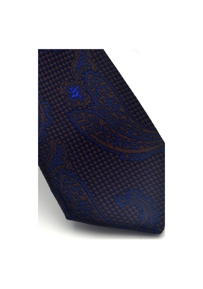 Gaffy Lacivert Kahverengi Şal Desenli Dokuma Kumaş Mendilli Slim Fit Kravat // Sdk-2604-2 Lacivert