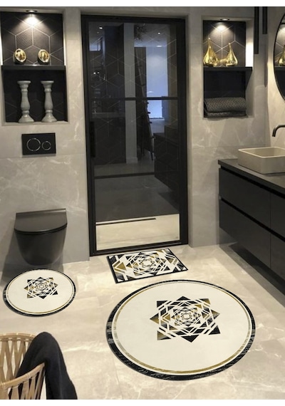 Kristal - Krem, Pamuk Dokuma Taban Yuvarlak Banyo Halısı 100x100-60x60-60x40 3 Lü Set Arb8077 Krem