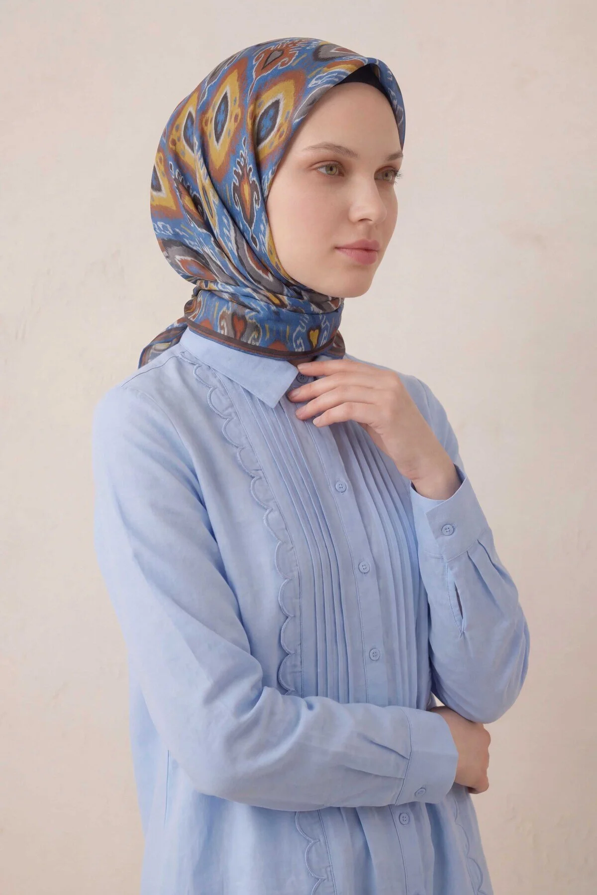 Silk Home Pamuk Karışımlı Soft Eşarp Baklava Desen Mavi 90x90