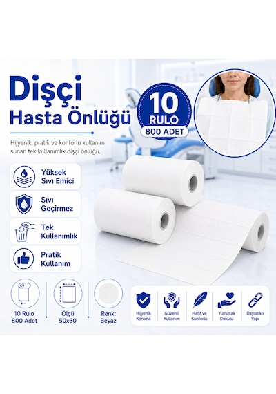 Dişçi Hasta Önlüğü 10 Rulo 800 Adet Beyaz 50x60 Cm Diğer