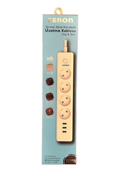 Tenon Termal Akım Korumalı Priz 3xusb Şarj Girişi 4xpriz Girişi 2mt Kablo Uzunluğu 10a,2500watt, 2500 Joule Max. 2 m