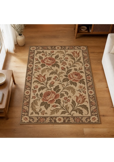 Kartela Halı Vintage Çiçek Bordürlü Halı Bej Kaymaz Taban Makinede Yıkanabilir 160x240 Cm