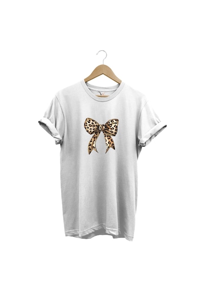 Leopar Desenli Toka Kurdele Baskılı %100 Pamuk Regular Fit Bisiklet Yaka Beyaz T-shirt Beyaz