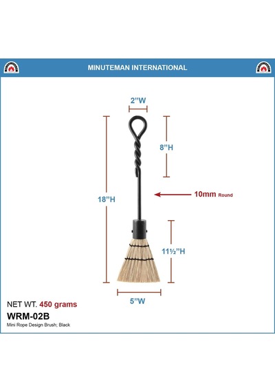 Halat Kolu Tek, Mini Fırça Şömine Aleti, Mini 18", Siyah