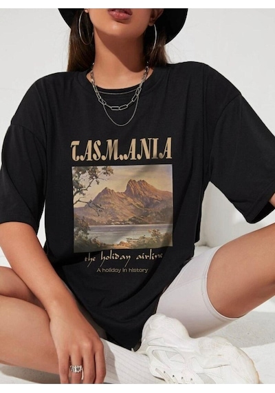 Flood Of Style Kadın Siyah Tasmania Baskılı Oversize T-shirt