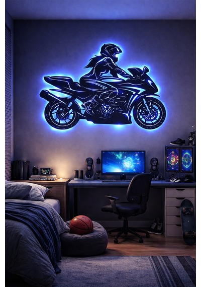 Lucenda Led Işıklı Kadın Motorcu Silüet Tablo Modern Motosiklet Duvar Dekoru Mavi - 865124191 Mavi