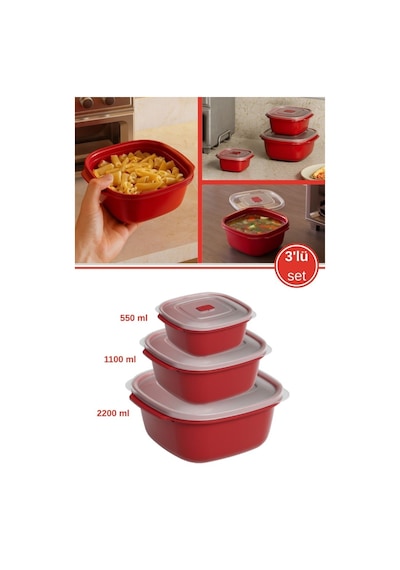 3 Boy Mikrodalga Fırına Uygun Saklama Kabı Seti, Dayanıklı Sağlıklı 3'lü Kap Seti 550,1100,2200 Ml Kırmızı