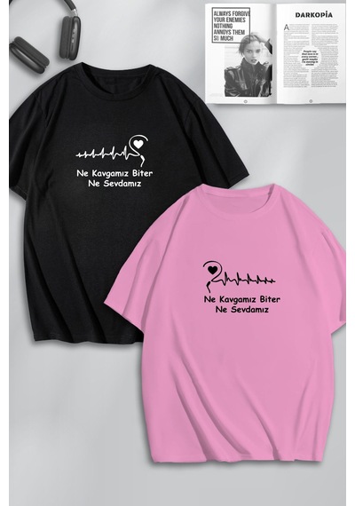 Unisex Kadın Erkek Kavga Ve Sevda Baskılı Sevgili Çift Kombini Tasarım Oversize Tshirt 2'li Pembesiyah Mck0211 Çok Renkli