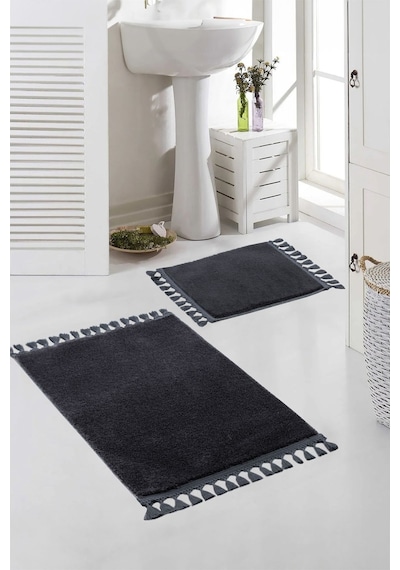 Vl Yıkanabilir Premium Ponpon Saçaklı Kaymaz Taban Post Peluş Banyo Paspası 2'li Takım Antrasit Antrasit