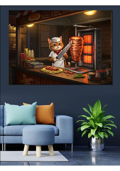 Döner Kesen Kedi Dekoratif Kanvas - Mdf Ahşap Tablo
