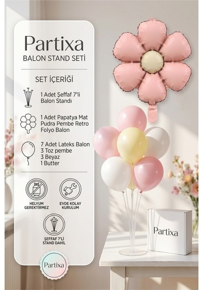 Papatya Mat Pudra Pembe Retro Balon Stand Seti Şeffaf 7 Li Stand + Papatya Folyo Balon + 7 Lateks Balon
