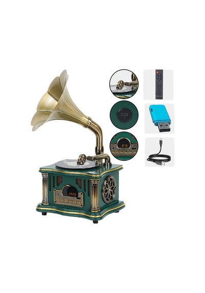 Midex Gr-26grn Fm Radyolu Nostaljik Gramofon Görünümlü Müzik Kutusu Bluetooth Hoparlör