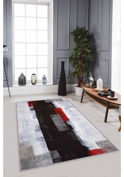Siyah Kırmızı Kaymaz Tabanlı Modern Salon Halıları Mx07n11 Siyah - Kırmızı