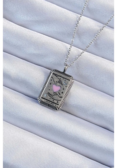 316l Çelik Zincir Eskitme Gümüş Renk Pembe Mineli Figürlü Tarot Kolye