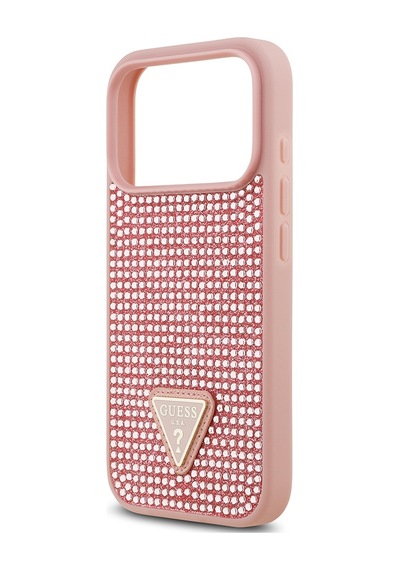 Apple Uyumlu iPhone 17 Pro Kılıf Guess Lisanslı Taşlı Arka Yüzey Üçgen Logolu Kapak Pembe
