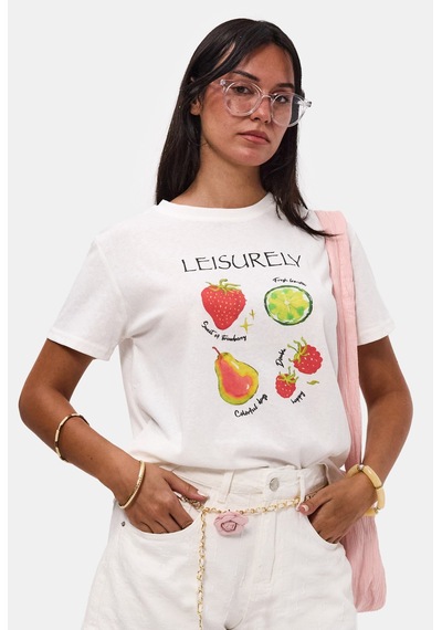 it's basic Kadın Beyaz Meyve Baskılı Bol Kesim Tasarım T-shirt