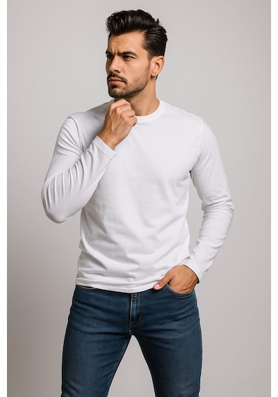 Erkek Bisiklet Yaka Beyaz Body %100 Pamuk Uzun Kollu Tişört Erkek Düz T-shirt 6012