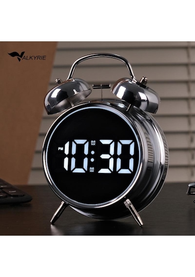 Valkyrie Led Ekranlı Analog Alarmlı Masa Saati Çalar Saat Pil Dereceli Çift Alarmlı Dijital Saat Gümüş