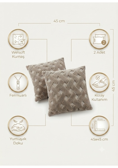 Fugo 2'li Welsoft Kırlent Kılıfı 45x45 Cm Dekoratif Fermuarlı Yumuşak Peluş Kırlent Kılıfı Koltuk Ve Kanepe İçin Açık Kahve