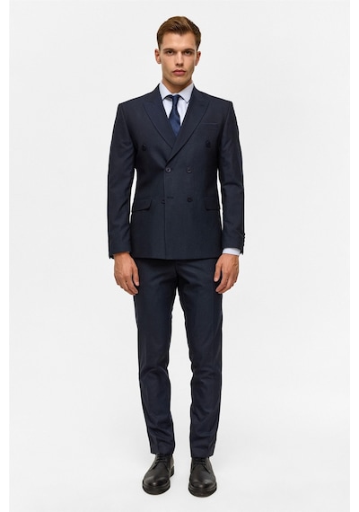 Süvari Lacivert Slim Çizgili Kruvaze Yaka 6 Drop Takım Elbise-38746 Lacivert